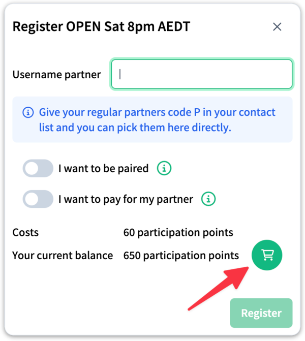 Registering for a tournament, with the shopping cart next to your current balance