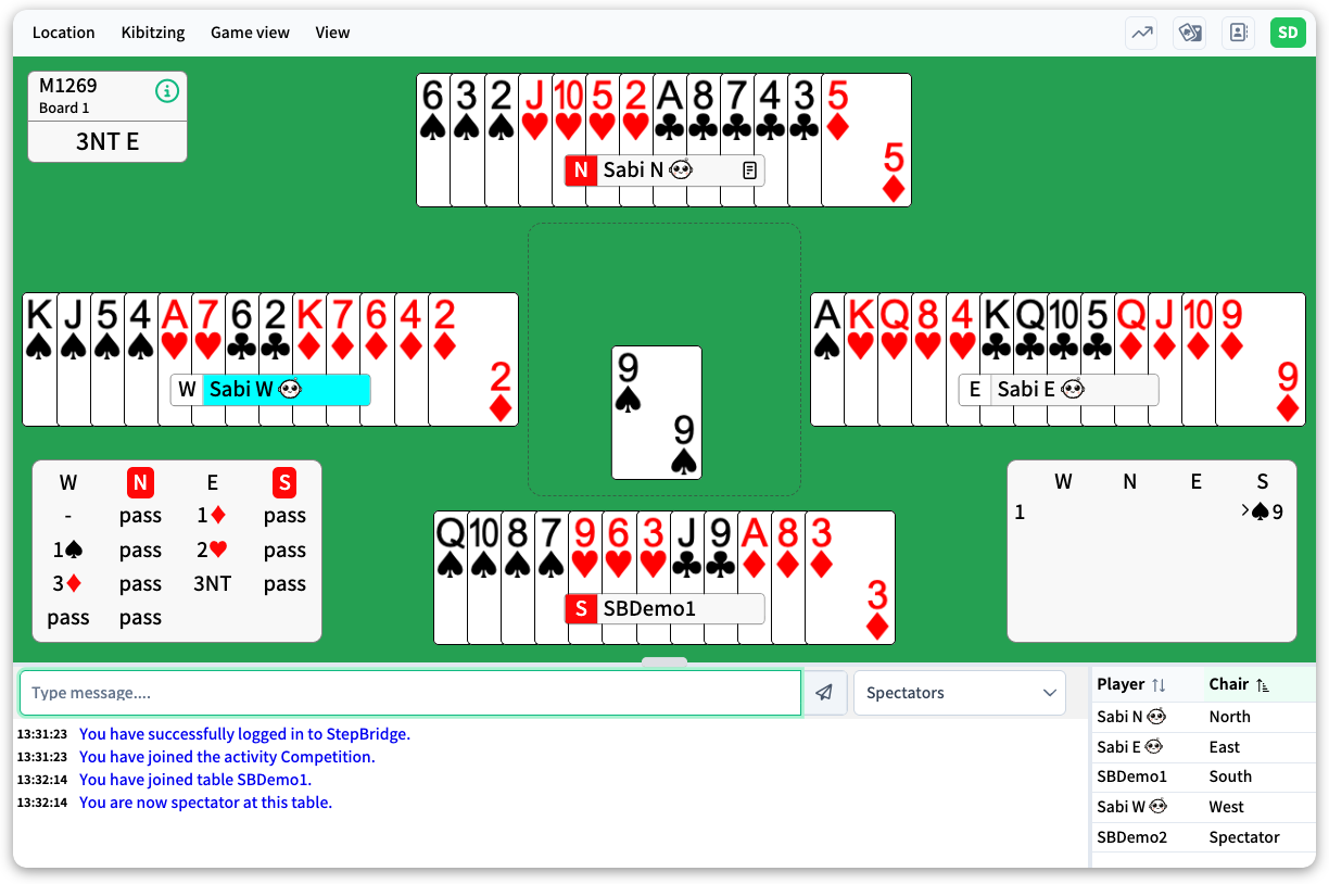 The spectator view with all four hands open